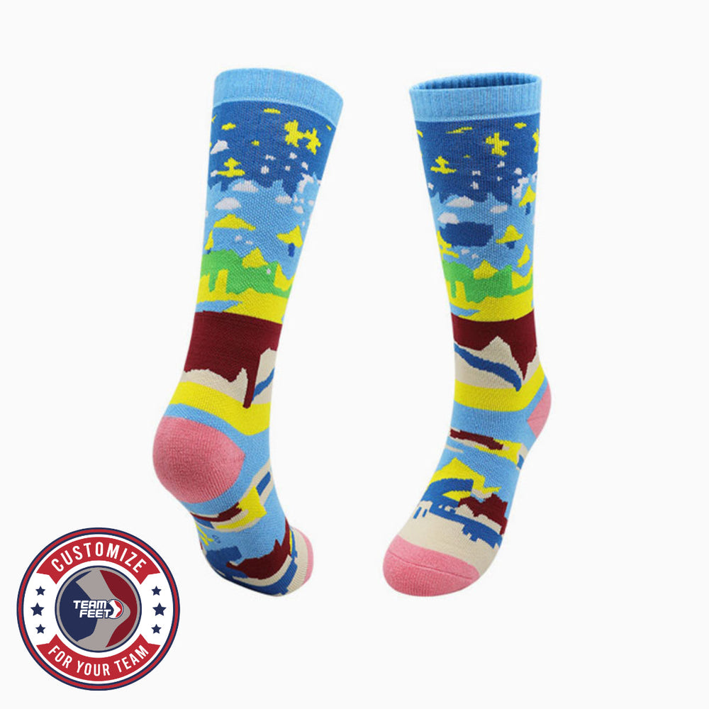 Custom illustrated knee-high ski socks from Team Feet Labs