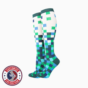 Custom Pilates Socks - CHECKER COMPRESSION KNEE — pair, with Team Feet Customize For Your Team badge