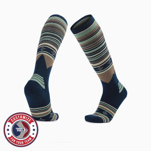 Custom Ski Socks - FINE STRIPE MERINO KNEE — pair, with Team Feet Customize For Your Team badge
