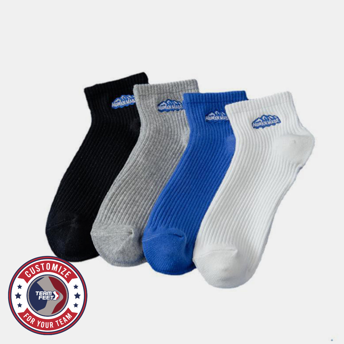 Custom Everyday Socks - EMBROIDERED RIB QUARTER — pair, with Team Feet Customize For Your Team badge