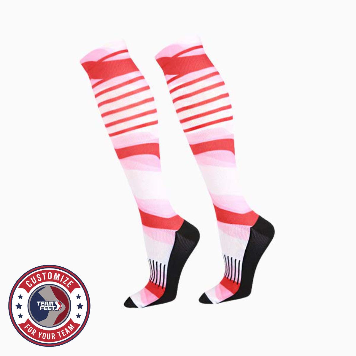 Custom Team Socks - STRIPE KNEE — pair, with Team Feet Customize For Your Team badge