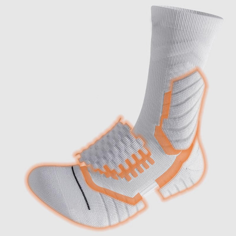 Custom Basketball Socks - ELITE CREW — cushioning zone map showing arch band, heel and forefoot padding