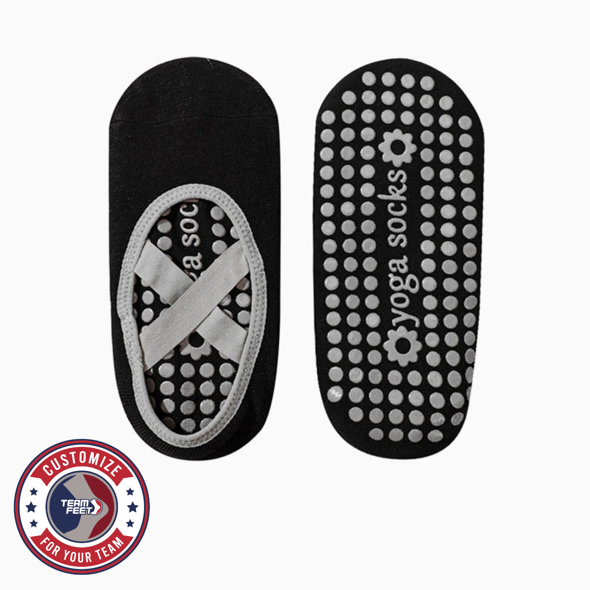 Custom Yoga Socks - CROSS STRAP GRIP LOW — pair, with Team Feet Customize For Your Team badge